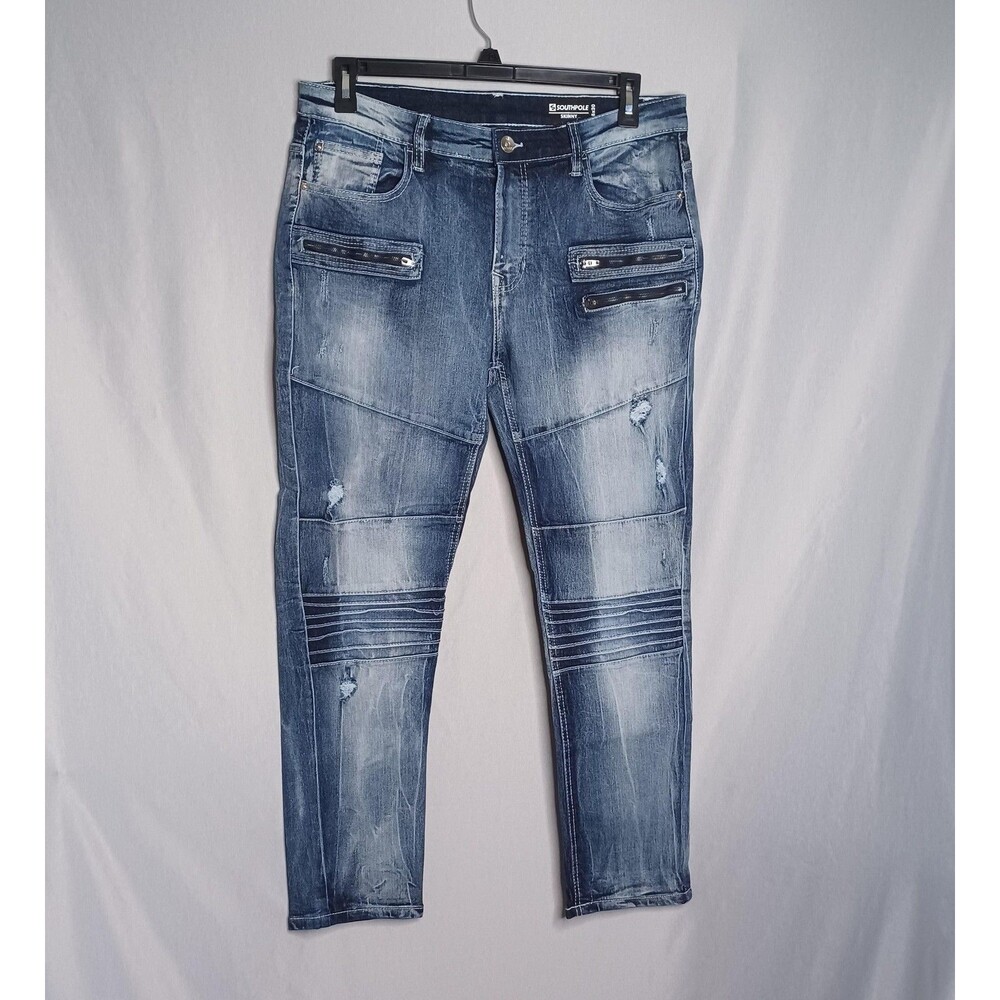 Southpole Jeans Mens 36x30 Blue Skinny Distressed Stretch Casual Denim Pants
